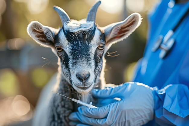 Foto uma cabra lactante encontra uma vacina de um veterinário em uma natureza agrícola para aumentar a segurança e supervisiona o rebanho e o espaço.