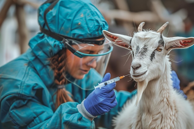 Uma cabra lactante encontra uma vacina de um veterinário em uma natureza agrícola para aumentar a segurança e supervisiona o rebanho e o espaço.
