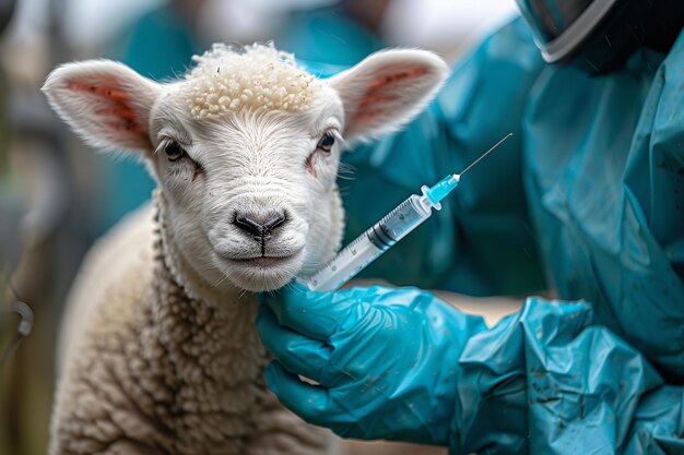 Foto uma cabra lactante encontra uma vacina de um veterinário em uma natureza agrícola para aumentar a segurança e supervisiona o rebanho e o espaço.