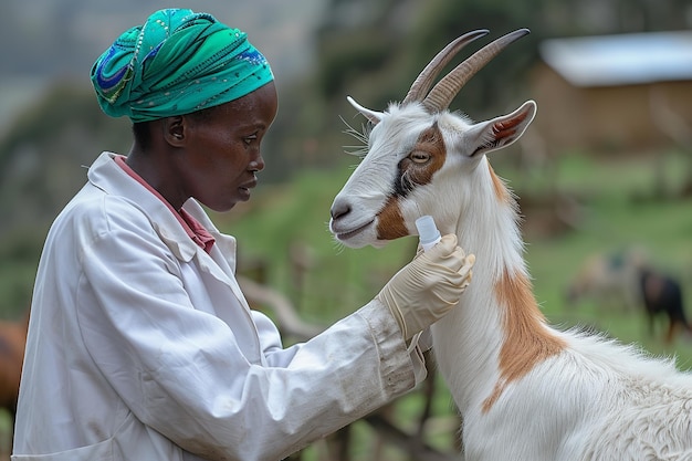 Uma cabra lactante encontra uma vacina de um veterinário em uma natureza agrícola para aumentar a segurança e supervisiona o rebanho e o espaço.