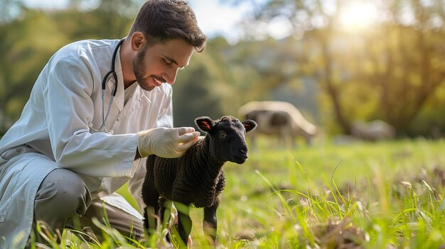 Foto uma cabra lactante encontra uma vacina de um veterinário em uma natureza agrícola para aumentar a segurança e supervisiona o rebanho e o espaço.