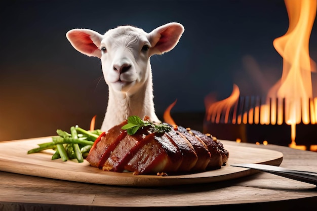 Uma cabra olha para um prato de carne com um prato de rosbife.