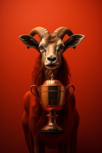 uma cabra segurando um troféu na frente de um fundo vermelho