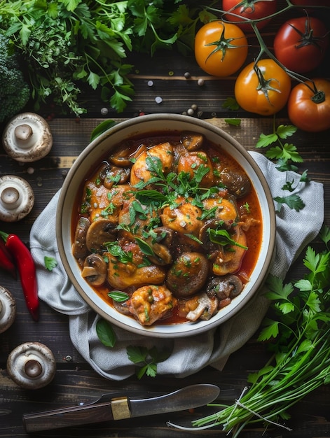 Uma caçarola fumegante de frango e legumes coberta com salsa disparada de cima capturando os pratos caseiros apelo e cores vibrantes