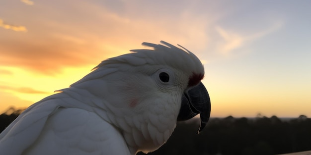 Uma cacatua observa o pôr do sol.