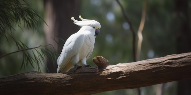 Uma cacatua senta-se em um galho de uma árvore.