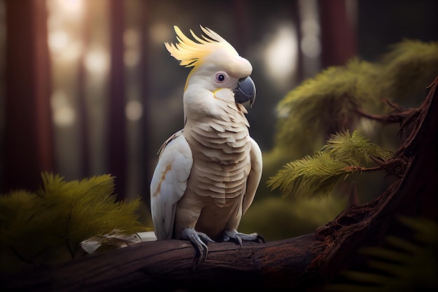 Uma cacatua senta-se em um galho em uma floresta