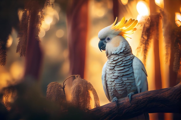 Uma cacatua senta-se em um galho em uma floresta