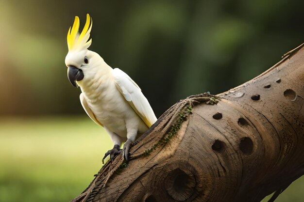 Uma cacatua senta-se em um tronco de árvore com um buraco no meio.