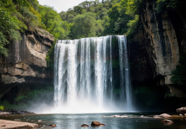 uma cachoeira com água em cascata como um véu transparente contra um pano de parede de paisagem de fundo rochoso