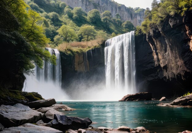 uma cachoeira com água em cascata como um véu transparente contra um pano de parede de paisagem de fundo rochoso