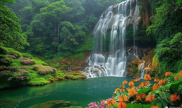 Foto uma cachoeira com flores e árvores ao fundo