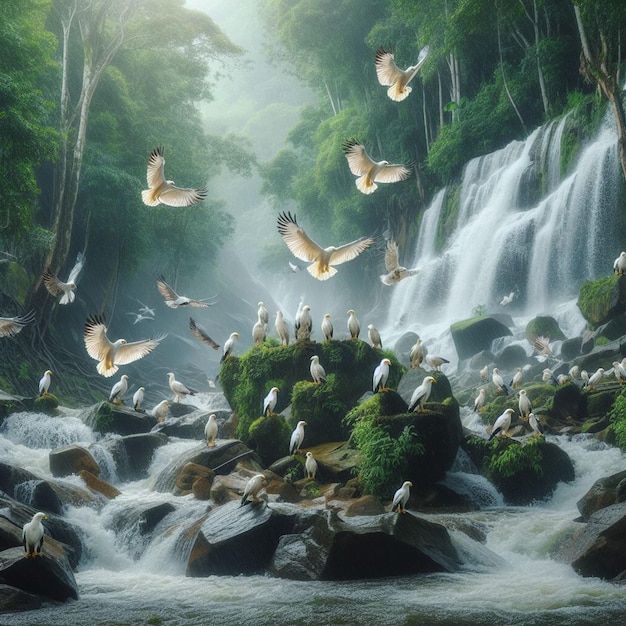 uma cachoeira com muitos pássaros voando em torno dela