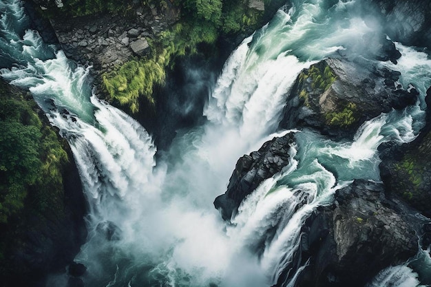 Uma cachoeira com musgo verde nas rochas