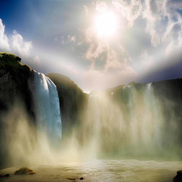 Uma cachoeira com o sol brilhando sobre ela