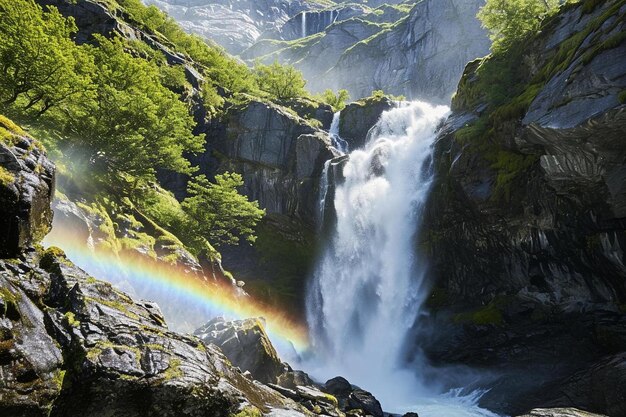 uma cachoeira com um arco-íris no meio