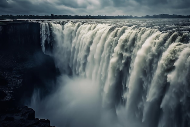 Uma cachoeira com um céu escuro ao fundo