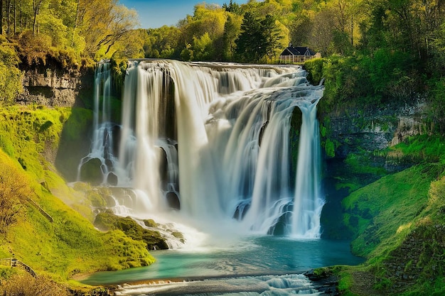 Uma cachoeira com uma piscina de água verde ao fundo