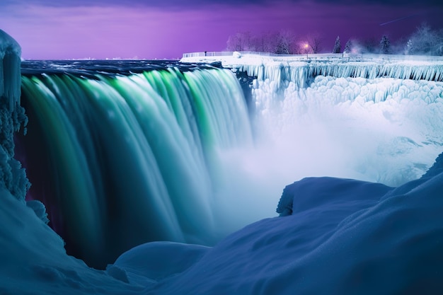 Uma cachoeira congelada no meio da noite Imagem generativa de IA