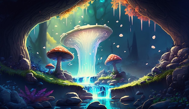 Uma cachoeira de cogumelo em uma floresta com um cogumelo e um cogumelo no fundo.