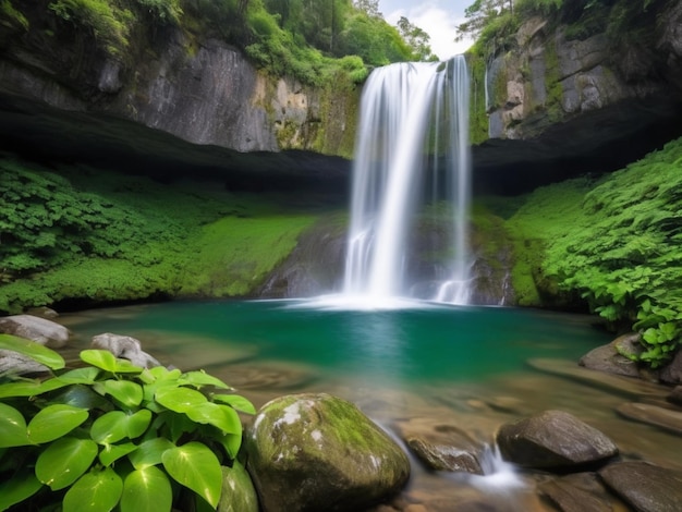 Uma cachoeira de pétalas verdes caindo em cascata pelas rochas