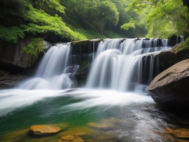 Uma cachoeira de pétalas verdes caindo em cascata pelas rochas