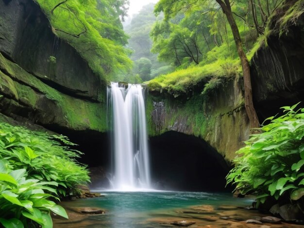 Uma cachoeira de pétalas verdes caindo em cascata pelas rochas