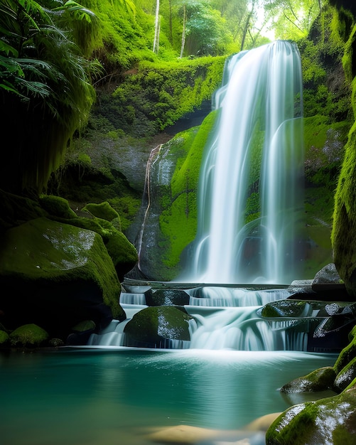 Uma cachoeira é cercada por árvores e musgo verde exuberante.
