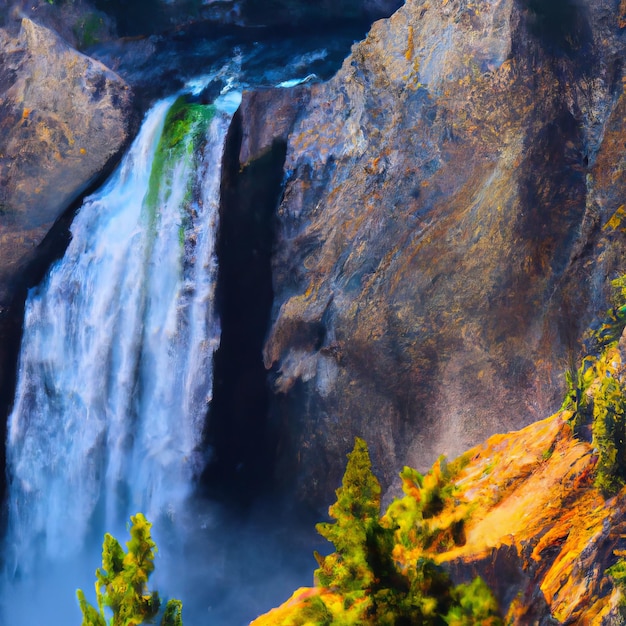 Uma cachoeira é visível no primeiro plano de uma montanha com árvores na parte inferior.