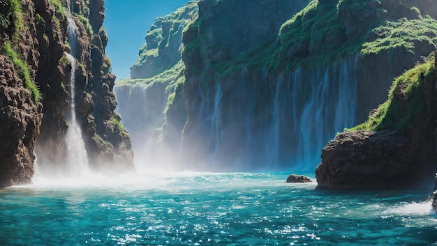 uma cachoeira é vista da água no oceano perto de um penhasco rochoso e um corpo de água