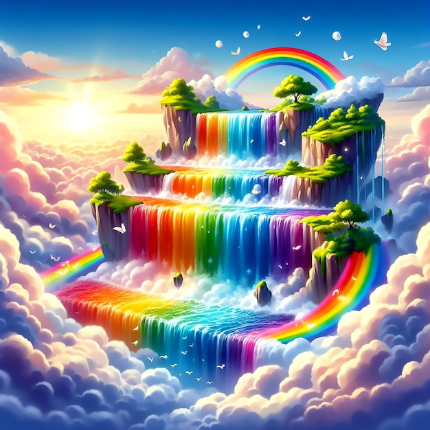 Foto uma cachoeira em cascata que flui em todas as cores do arco-íris cercada por nuvens e flutuando
