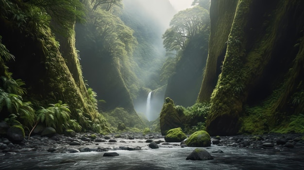 Uma cachoeira em uma floresta com árvores e musgo