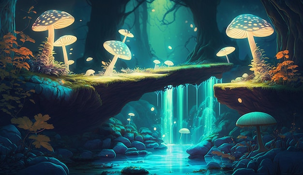 Uma cachoeira em uma floresta com cogumelos no fundo