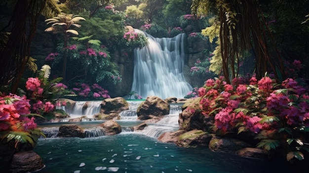 Uma cachoeira em uma floresta com flores