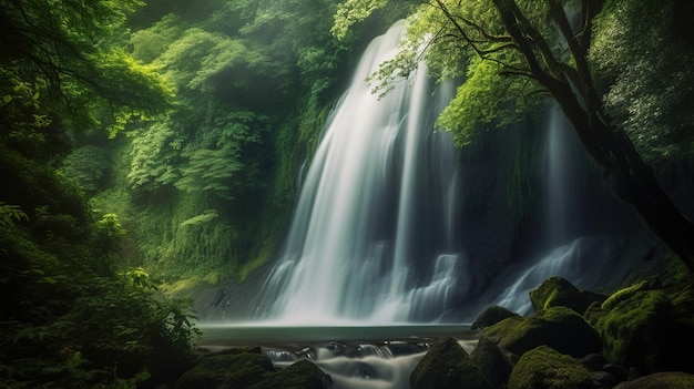 Uma cachoeira em uma floresta com folhas verdes e uma árvore em primeiro plano.