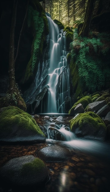 Uma cachoeira em uma floresta com fundo verde