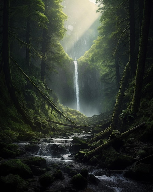 Uma cachoeira em uma floresta com fundo verde
