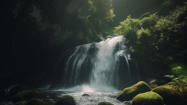 Uma cachoeira em uma floresta com fundo verde