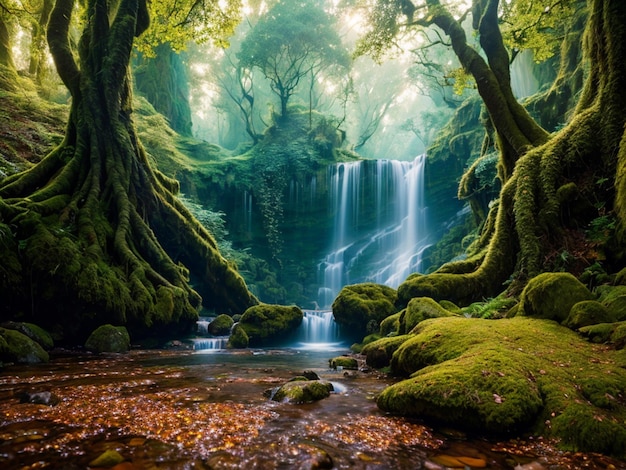 Uma cachoeira em uma floresta com musgo no chão