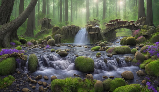 Uma cachoeira em uma floresta com musgo verde e rochas