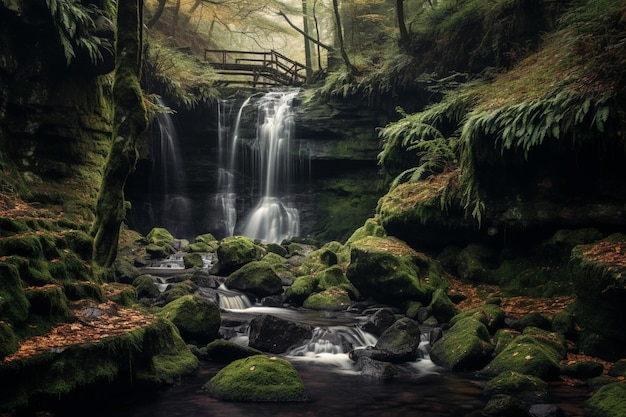 Uma cachoeira em uma floresta com musgo verde e rochas