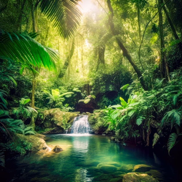 Uma cachoeira em uma floresta com o sol brilhando sobre ela