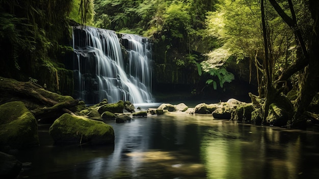 uma cachoeira em uma floresta com rochas e árvores