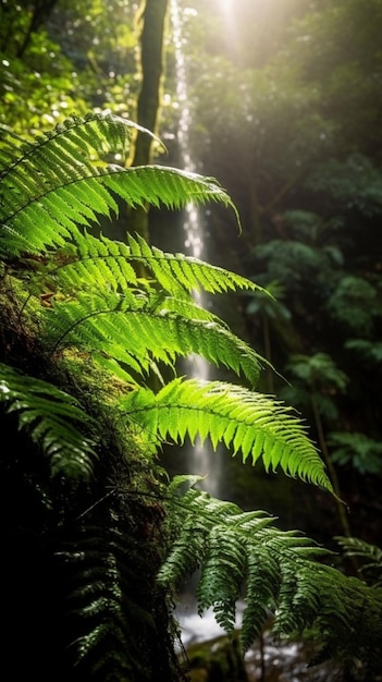 Uma cachoeira em uma floresta com uma luz brilhando através das folhas.