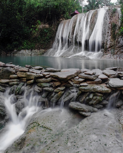 Uma cachoeira em uma floresta com uma parede de pedra em primeiro plano