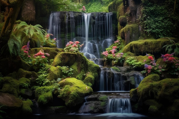 Uma cachoeira em uma floresta com uma rocha musgosa verde