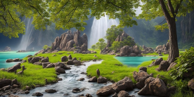 Uma cachoeira em uma paisagem verde com uma cachoeira e uma cachoeira