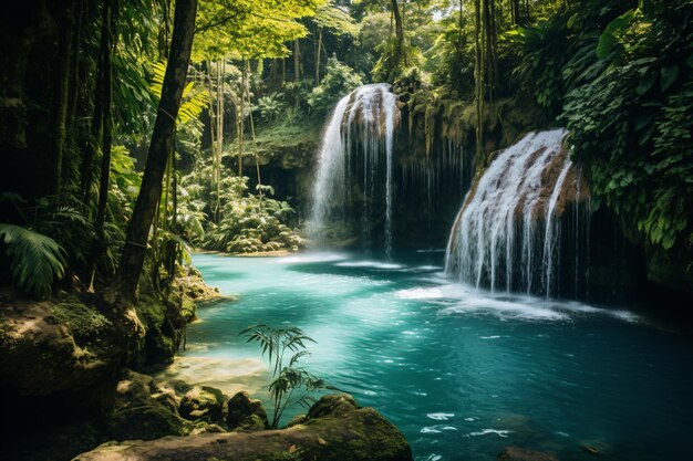 uma cachoeira em uma selva com uma piscina azul