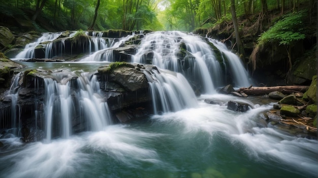 Uma cachoeira encantadora numa floresta verde e exuberante