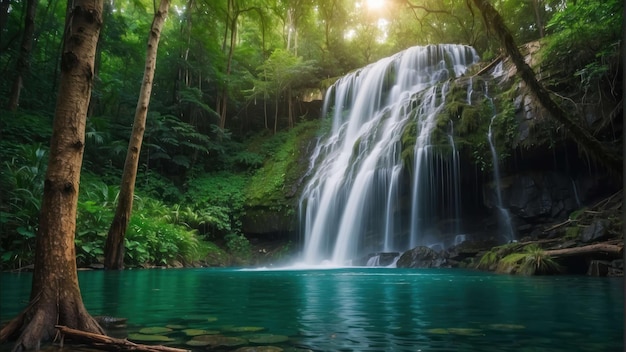 Uma cachoeira encantadora numa floresta verde e exuberante